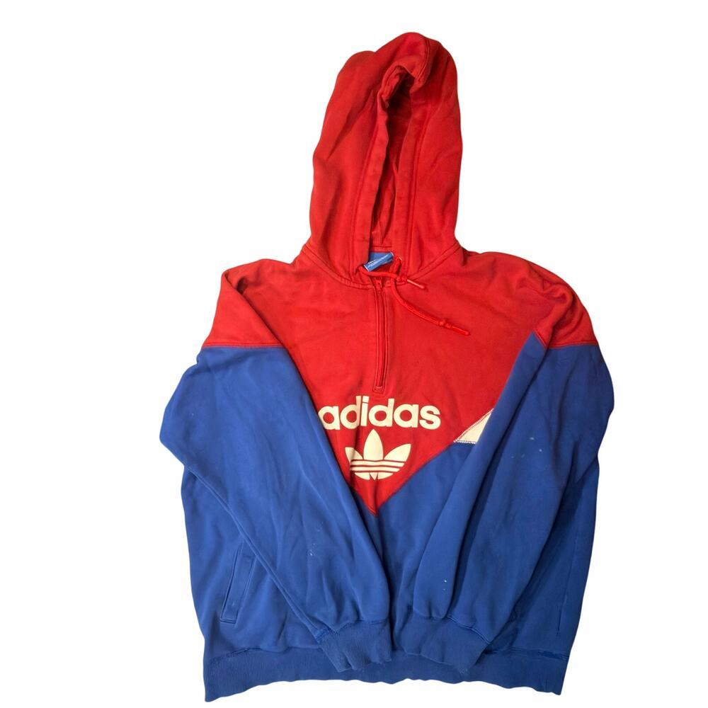 RARE Vintage ADIDAS Color block Blue Red White Hoodie Sweatshirt 90s 80s Size L